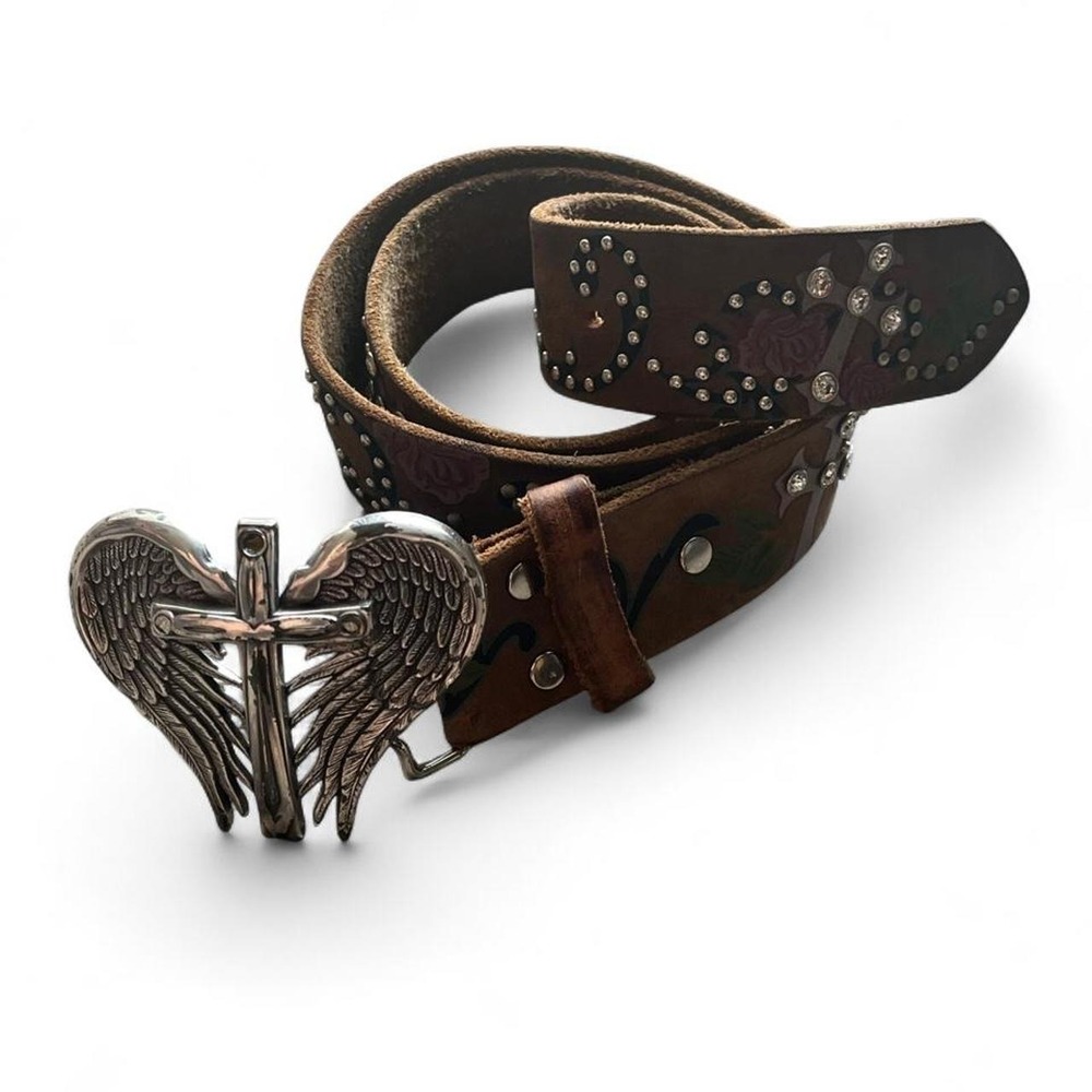 Nocona Brown Leather Western Belt Angel Wing Heart Cross Rhinestone Studded S